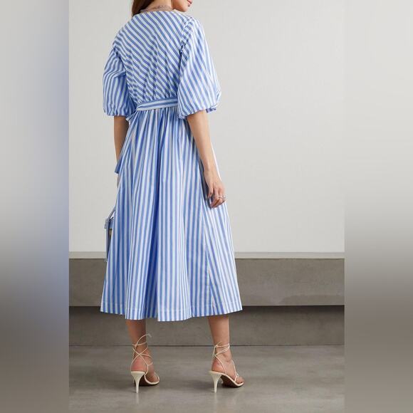 STAUD Jodie Midi Wrap Dress in Sea Stripe S - Picture 11 of 14